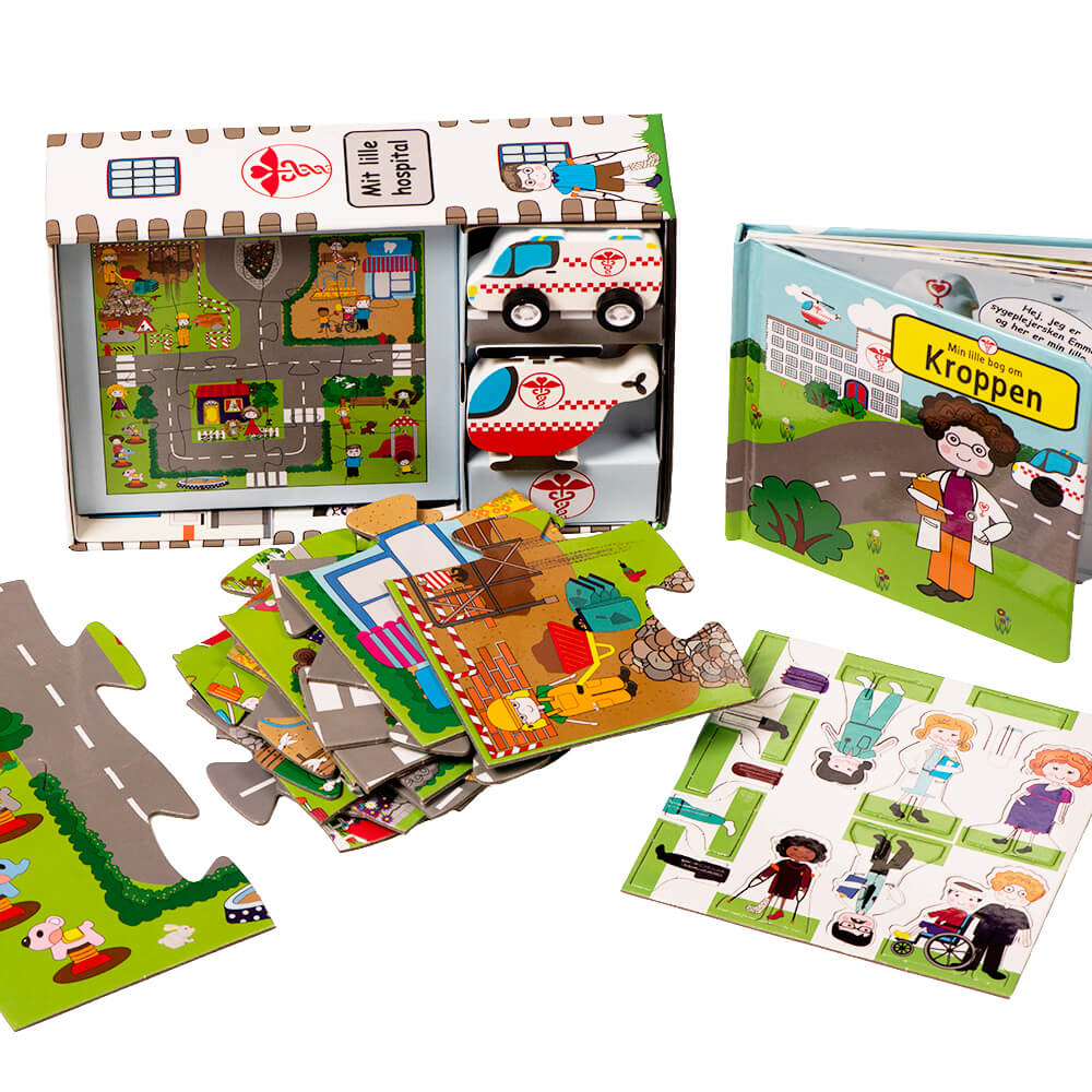 Aktivitetsæske med bog, puslespil og figurer fra forlaget GLOBE